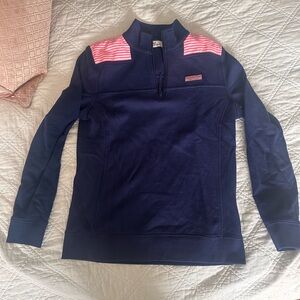Vineyard Vines Navy Quarter-Zip Sweater with Pink Stripe Shoulder Panels